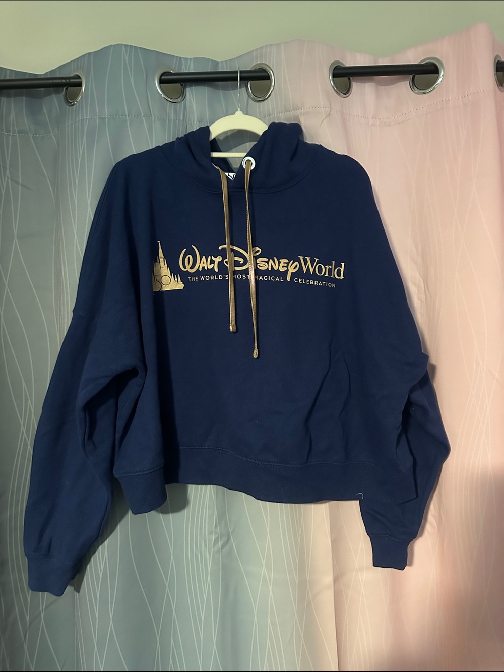 Disney Navy Blue Cropped Crewneck Sweatshirt with Gold Logo